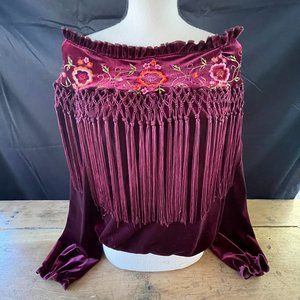 Vintage Haley Bob's Burgundy Velvet Embroidered Fringed Long Sleeve Crop Top Lg